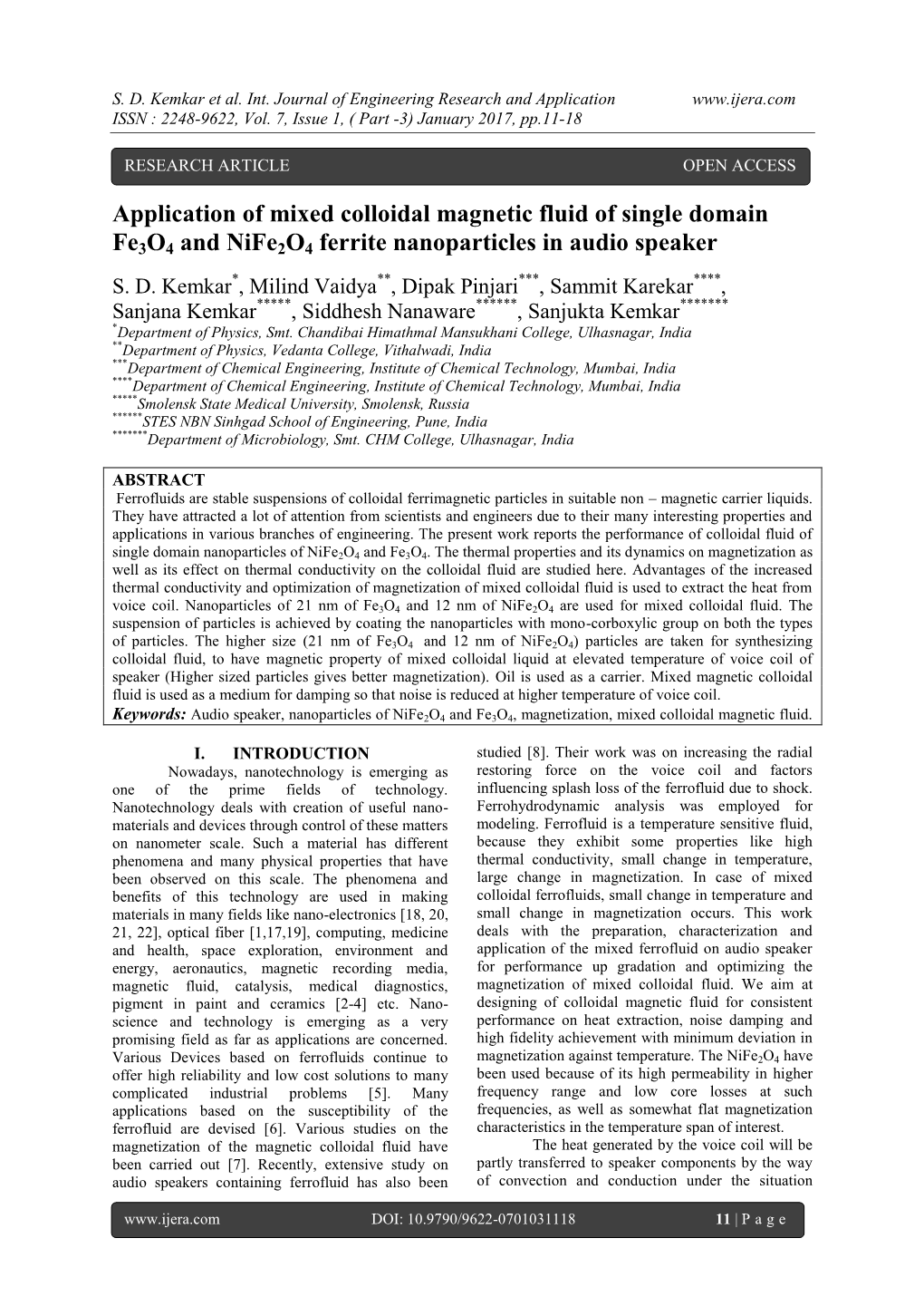 Application of Mixed Colloidal Magnetic Fluid of Single Domain Fe3o4 and Nife2o4 Ferrite Nanoparticles in Audio Speaker