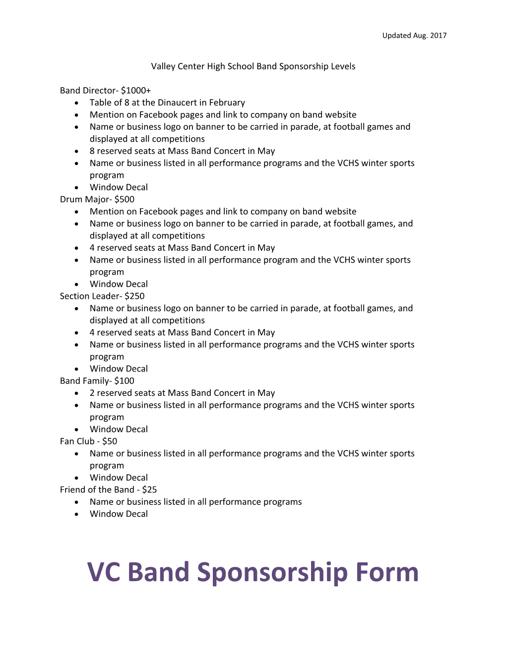 Valley Center High School Band Sponsorship Levels