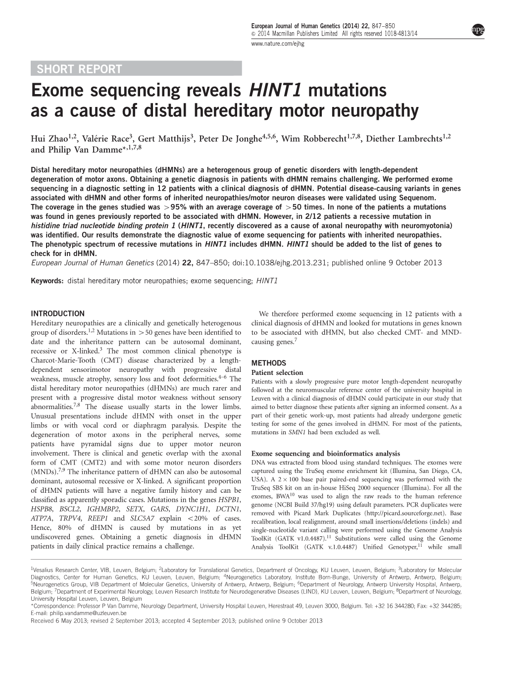 Exome Sequencing Reveals HINT1 Mutations As a Cause of Distal Hereditary Motor Neuropathy