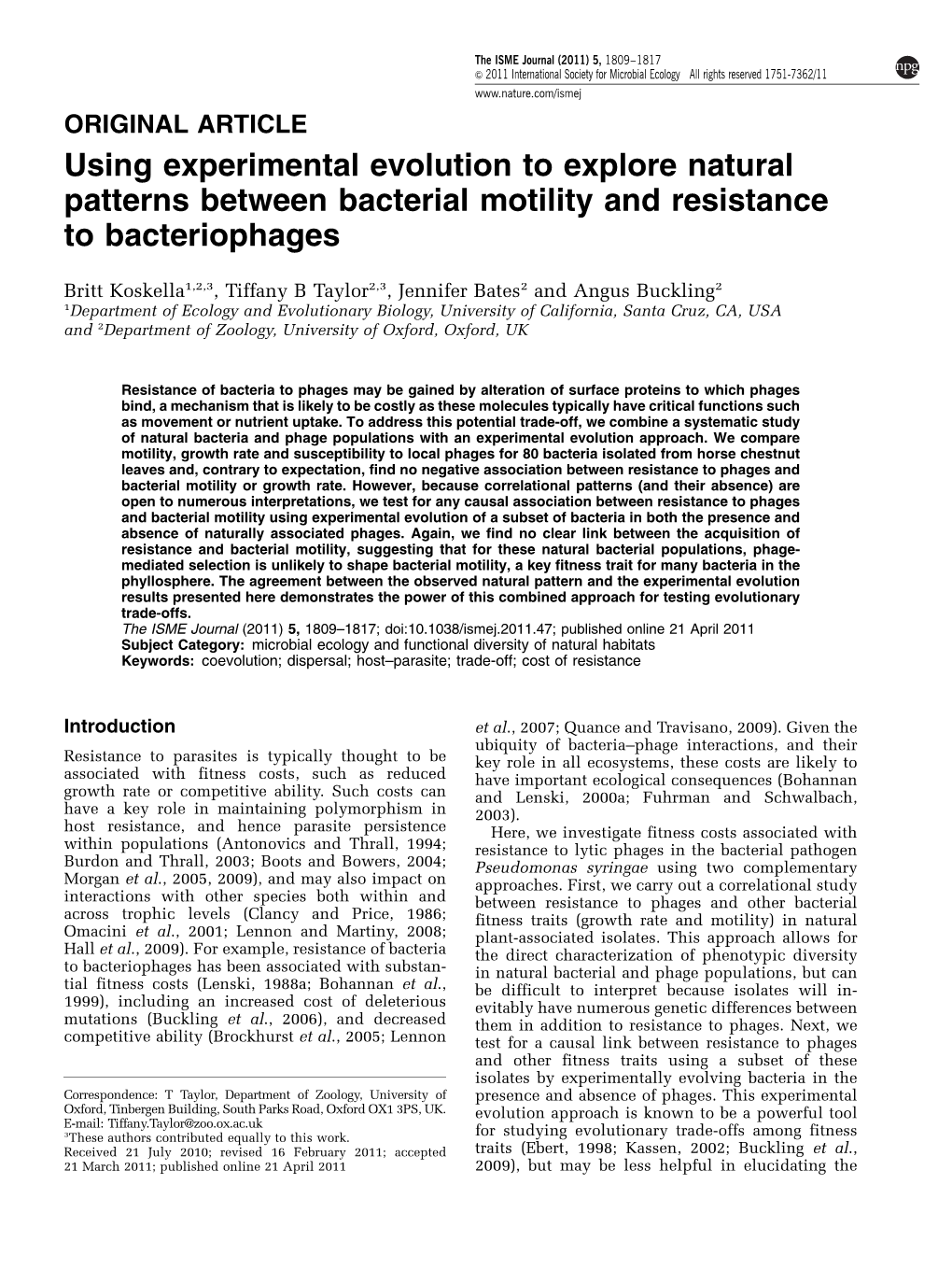 Using Experimental Evolution to Explore Natural Patterns Between Bacterial Motility and Resistance to Bacteriophages