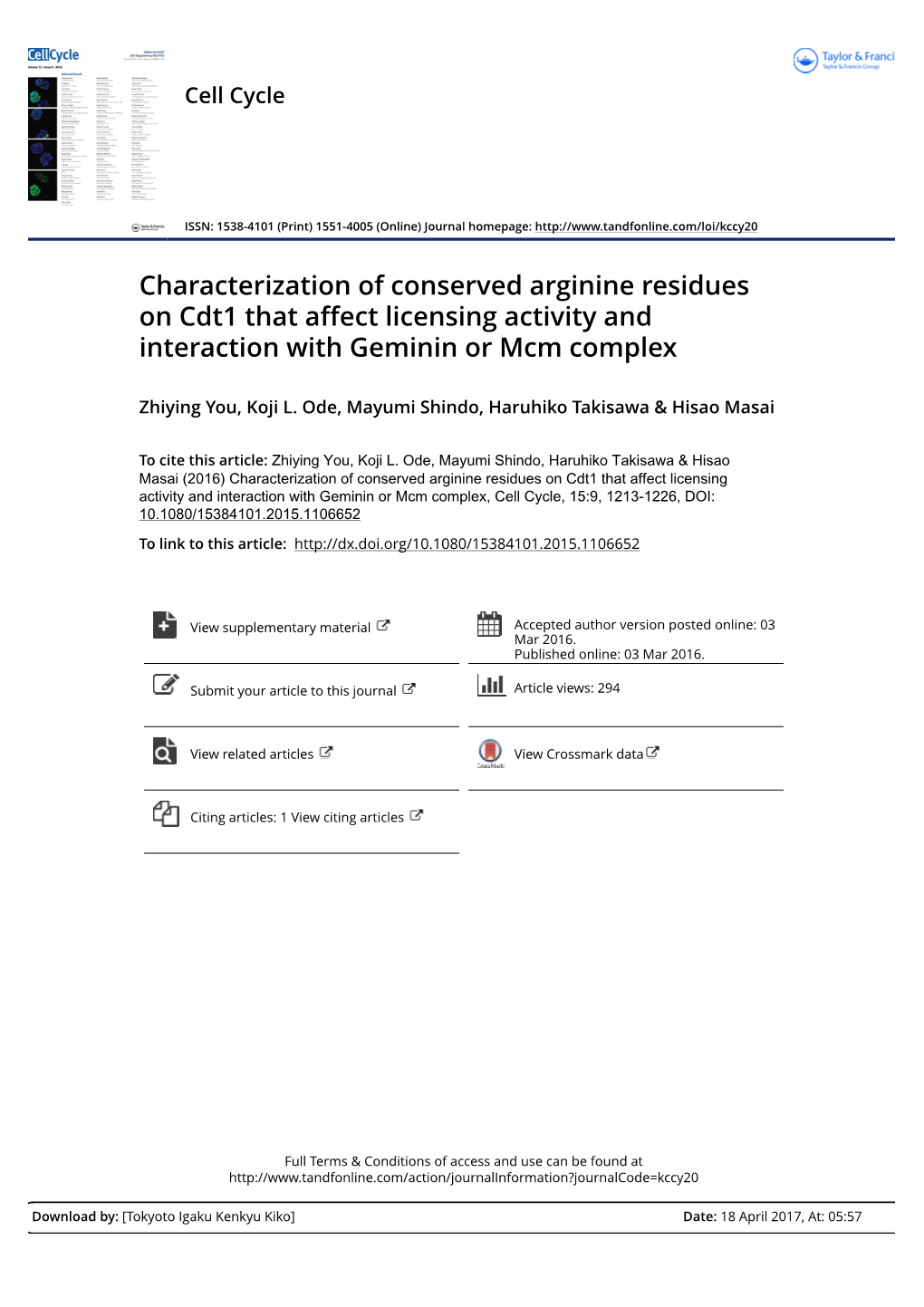 Characterization of Conserved Arginine Residues on Cdt1 That Affect Licensing Activity and Interaction with Geminin Or Mcm Complex