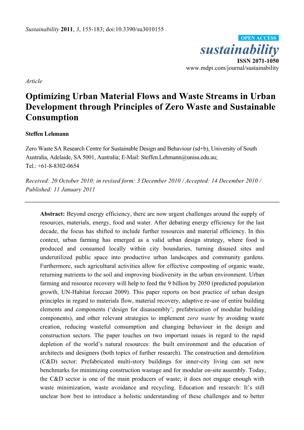 Optimizing Urban Material Flows and Waste Streams in Urban Development Through Principles of Zero Waste and Sustainable Consumption