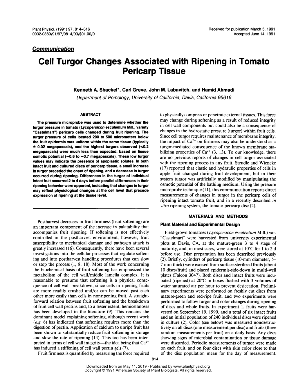 Cell Turgor Changes Associatedwith Ripening in Tomato Pericarp Tissue