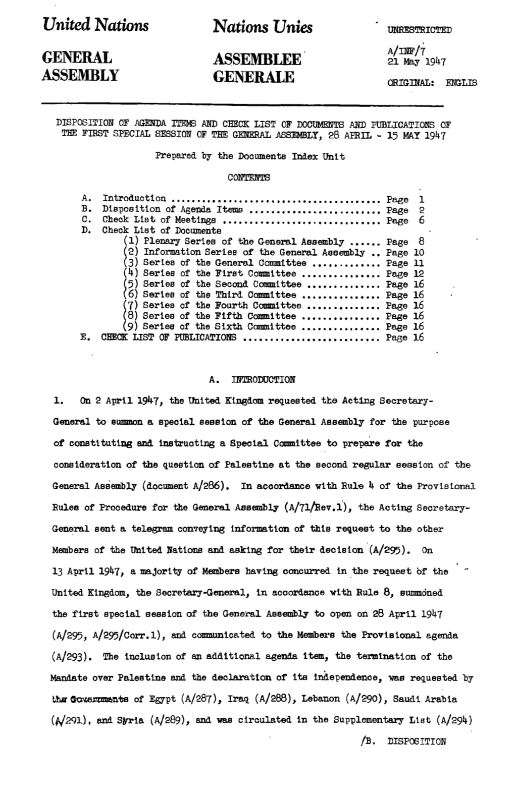 Index to Proceedings of the General Assembly, 1St Special Session, 1947