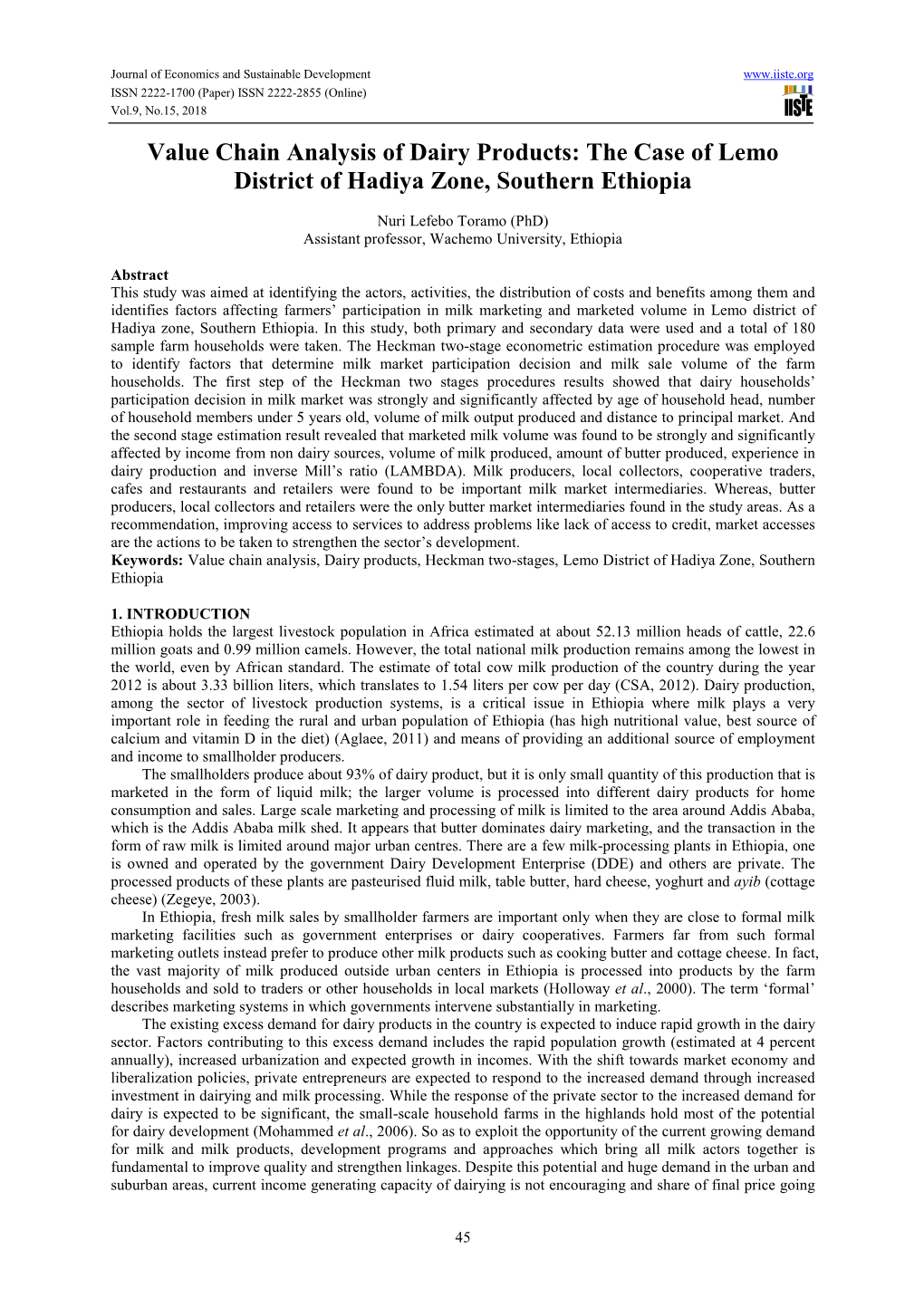 Value Chain Analysis of Dairy Products: the Case of Lemo District of Hadiya Zone, Southern Ethiopia