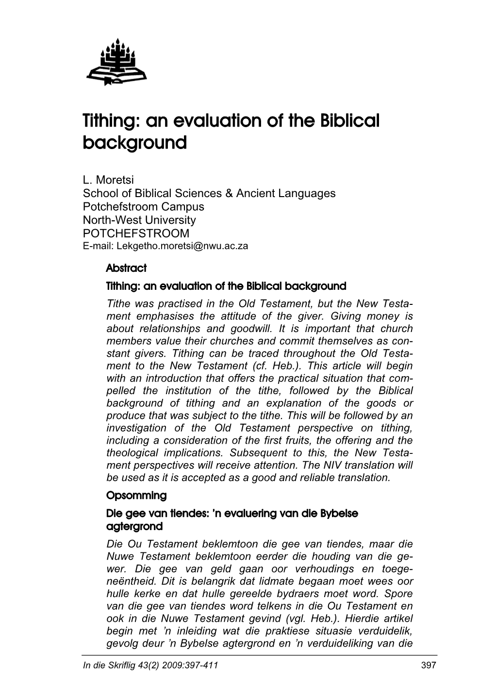 Tithing: an Evaluation of the Biblical Background