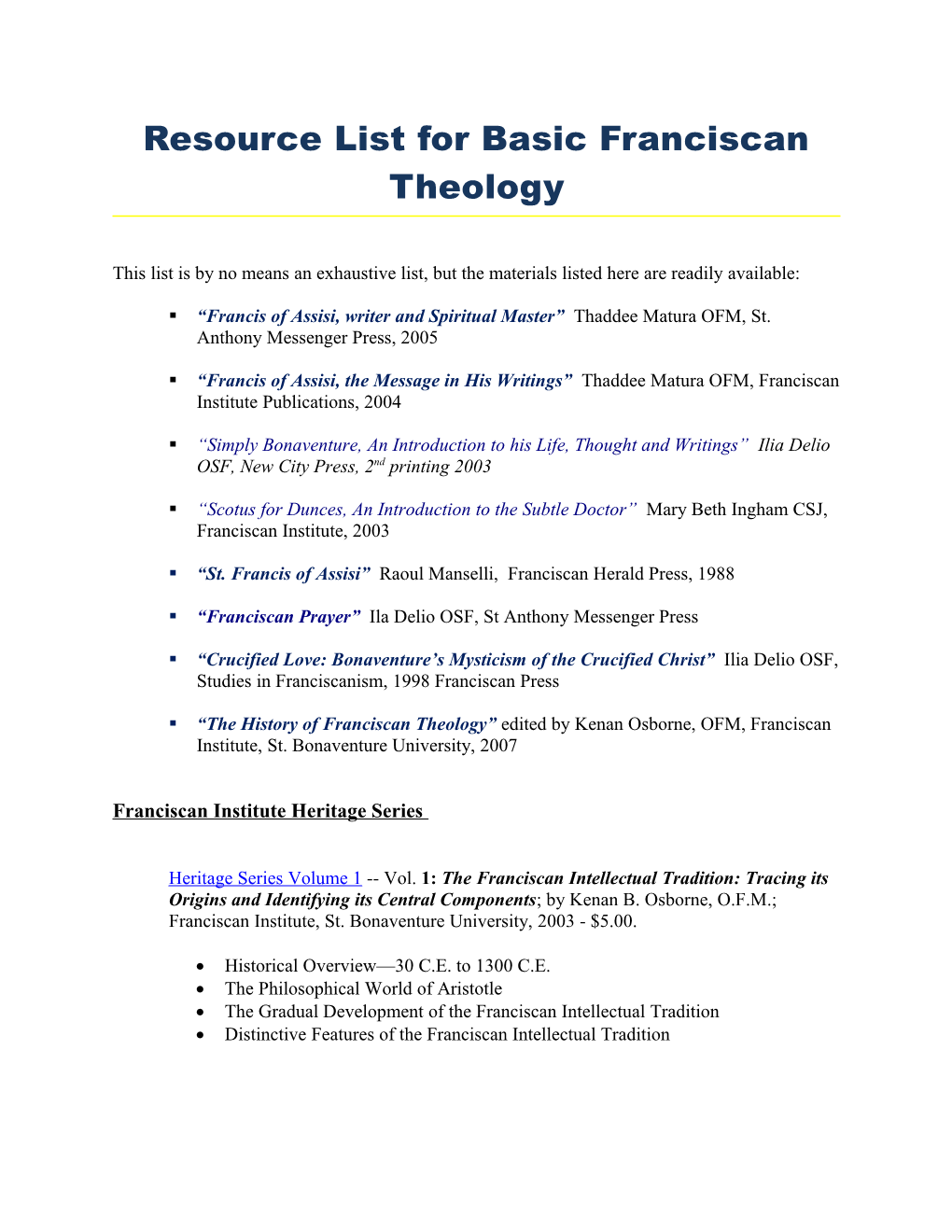 Resource List for Basic Franciscan Theology