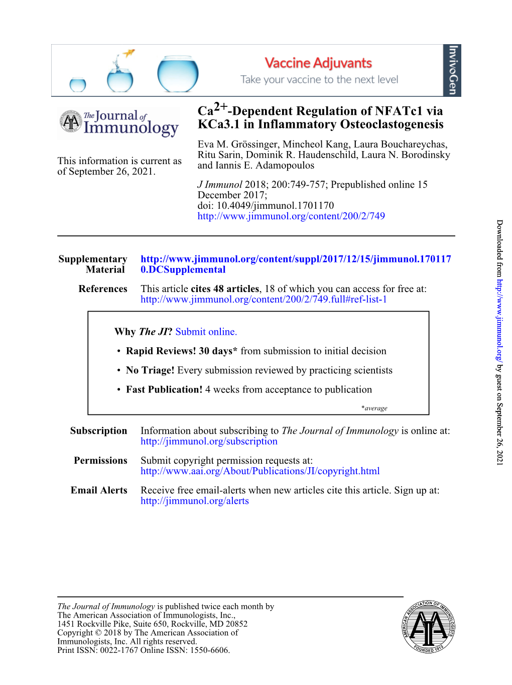 Ca2+-Dependent Regulation of Nfatc1 Via Kca3.1 in Inflammatory Osteoclastogenesis Eva M