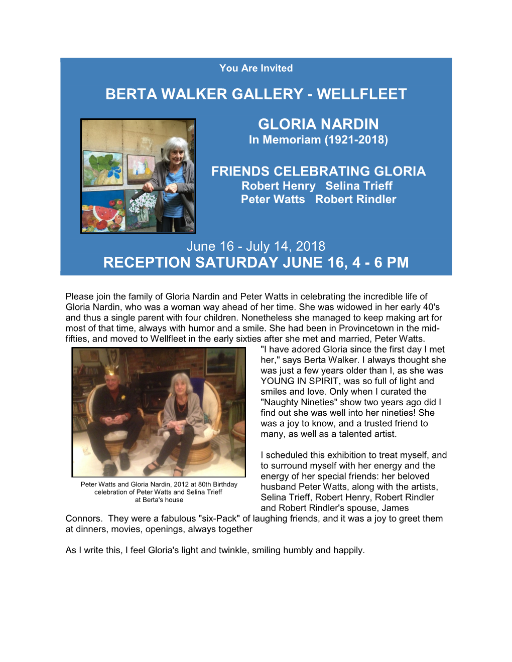 Wellfleet Gloria Nardin Reception Saturday June 16, 4