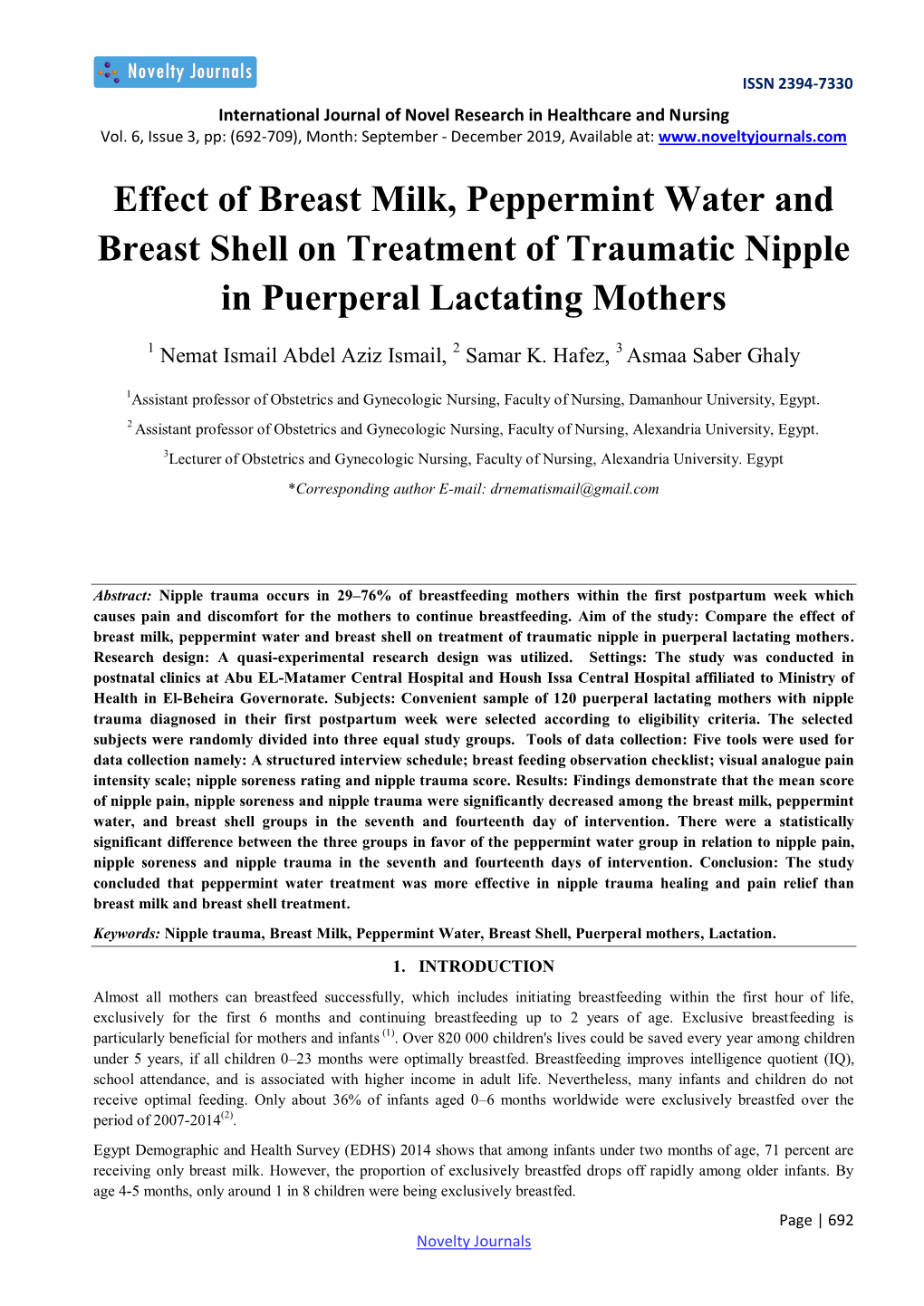 Effect of Breast Milk, Peppermint Water and Breast Shell on Treatment of Traumatic Nipple in Puerperal Lactating Mothers