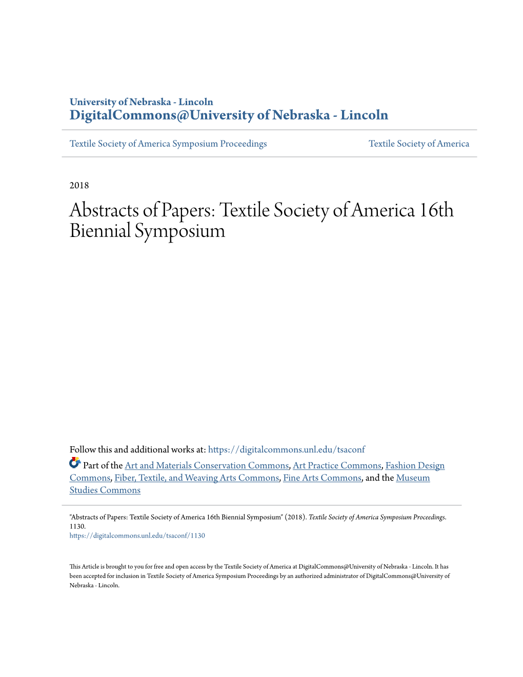 Abstracts of Papers: Textile Society of America 16Th Biennial Symposium