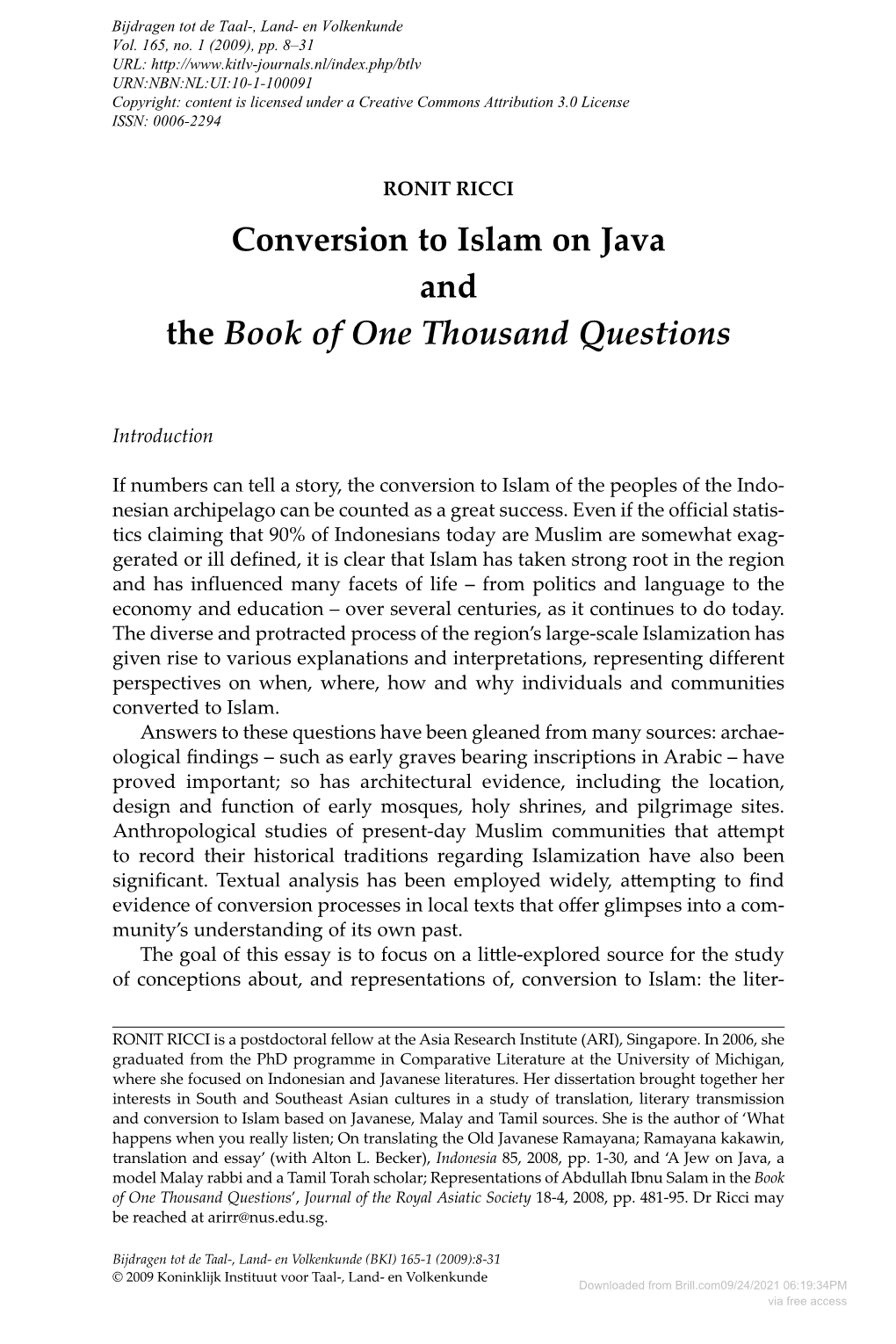 Conversion to Islam on Java and the Book of One Thousand Questions