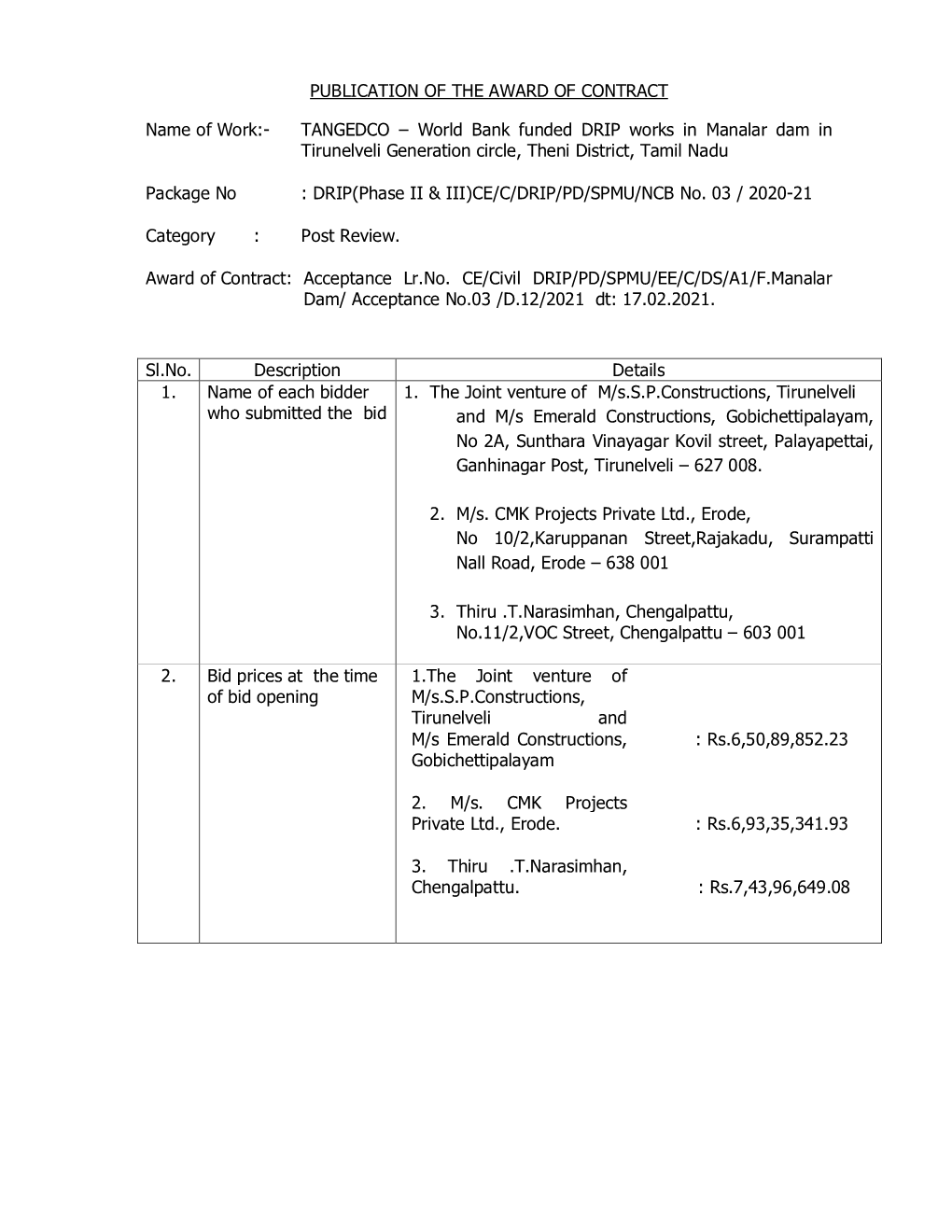 PUBLICATION of the AWARD of CONTRACT Name of Work:- TANGEDCO – World Bank Funded DRIP Works in Manalar Dam in Tirunelveli Ge