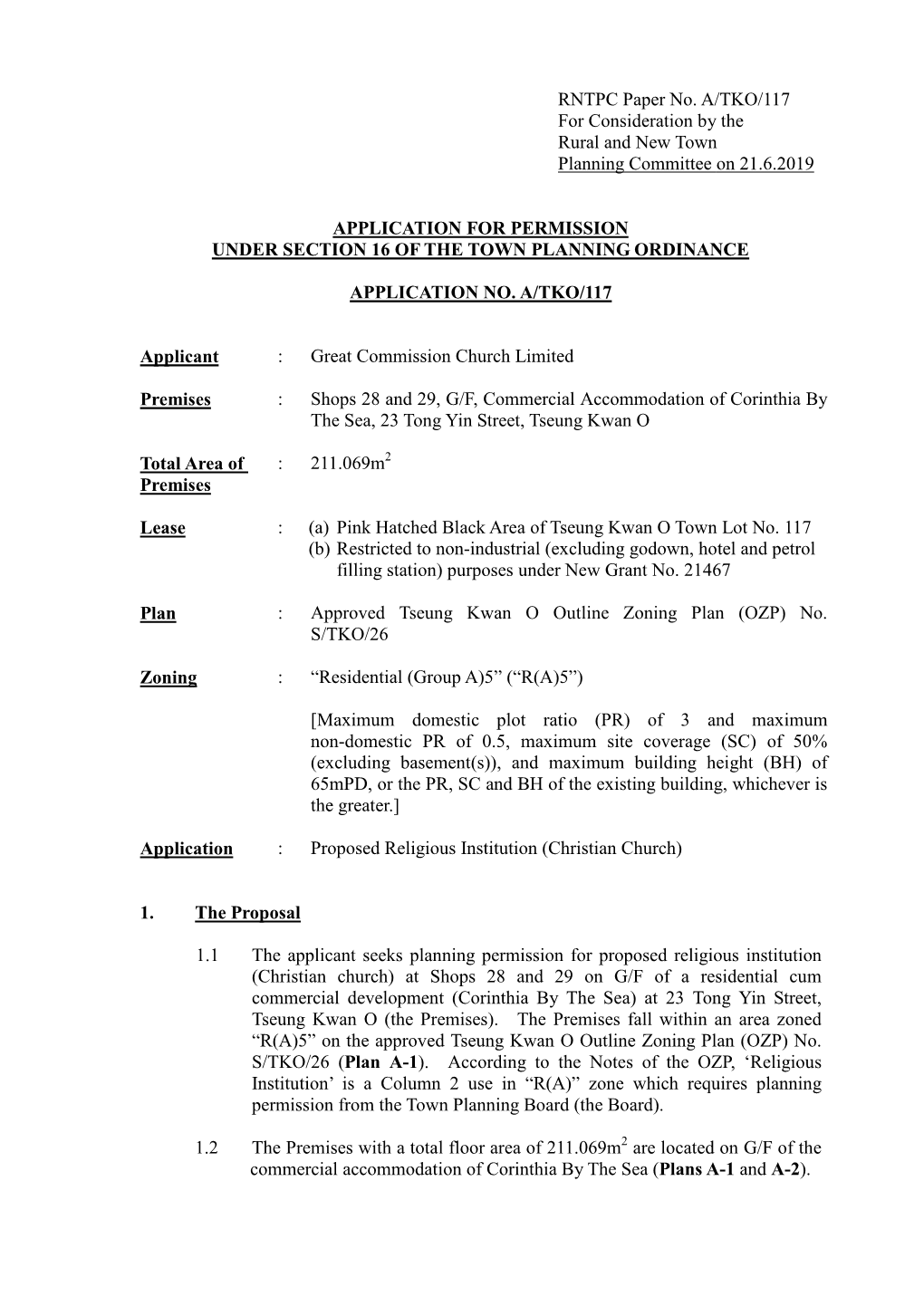 RNTPC Paper No. A/TKO/117 for Consideration by the Rural and New Town Planning Committee on 21.6.2019