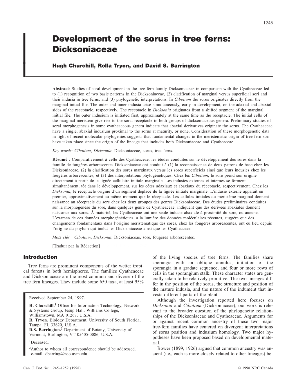 Development of the Sorus in Tree Ferns: Dicksoniaceae