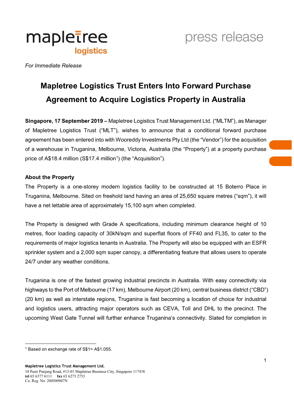 Mapletree Logistics Trust Enters Into Forward Purchase Agreement to Acquire Logistics Property in Australia