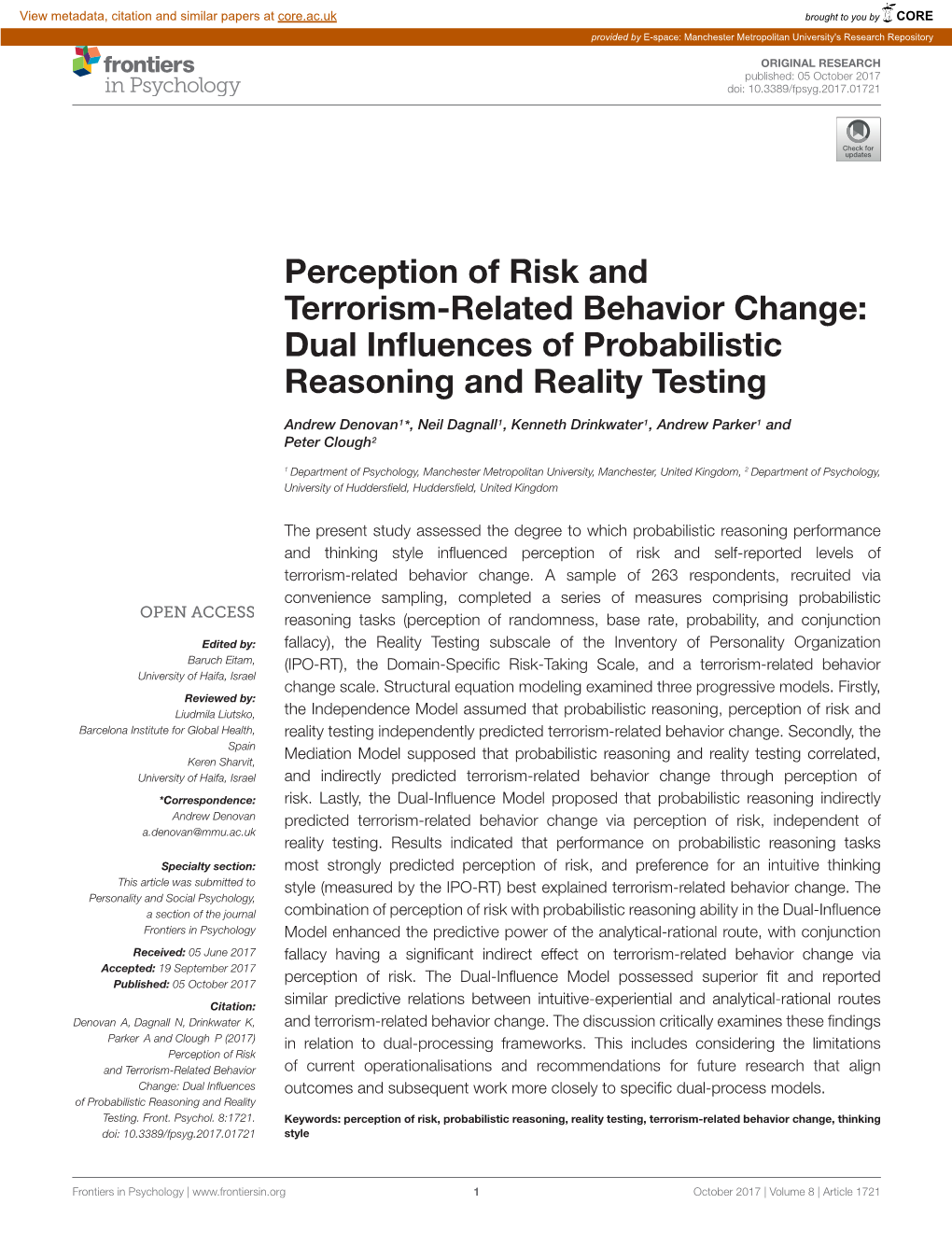 Perception of Risk and Terrorism-Related Behavior Change: Dual Inﬂuences of Probabilistic Reasoning and Reality Testing