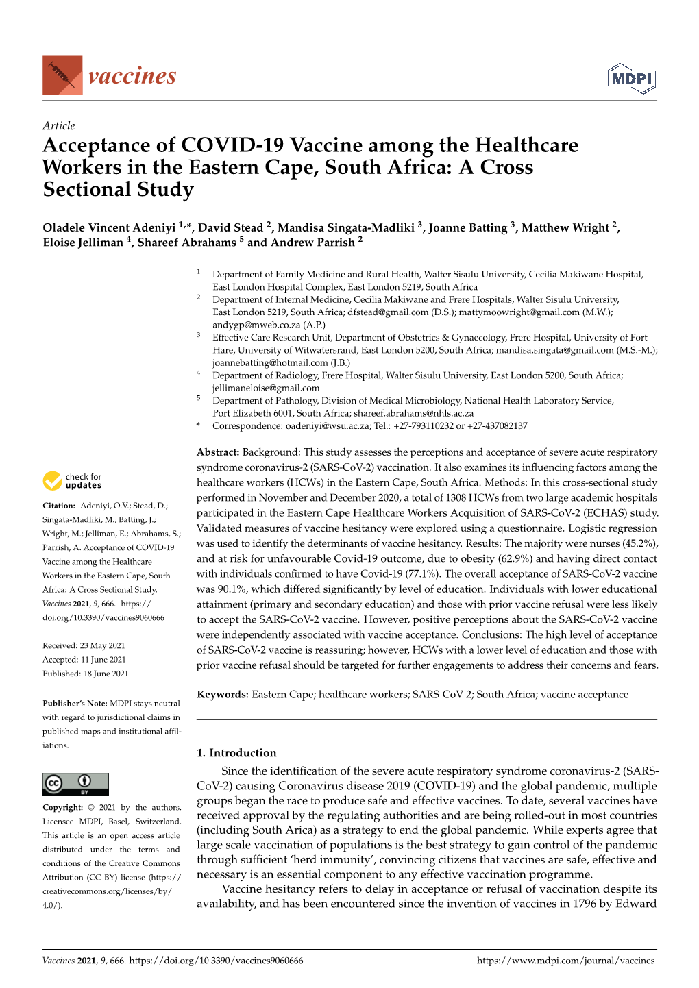 Acceptance of COVID-19 Vaccine Among the Healthcare Workers in the Eastern Cape, South Africa: a Cross Sectional Study