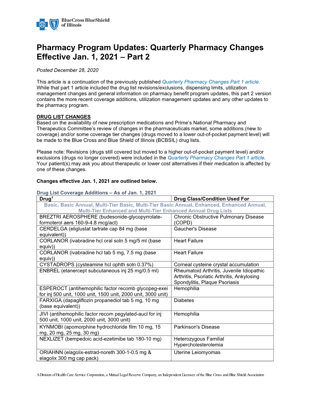 Quarterly Pharmacy Changes Effective Jan. 1, 2021 – Part 2