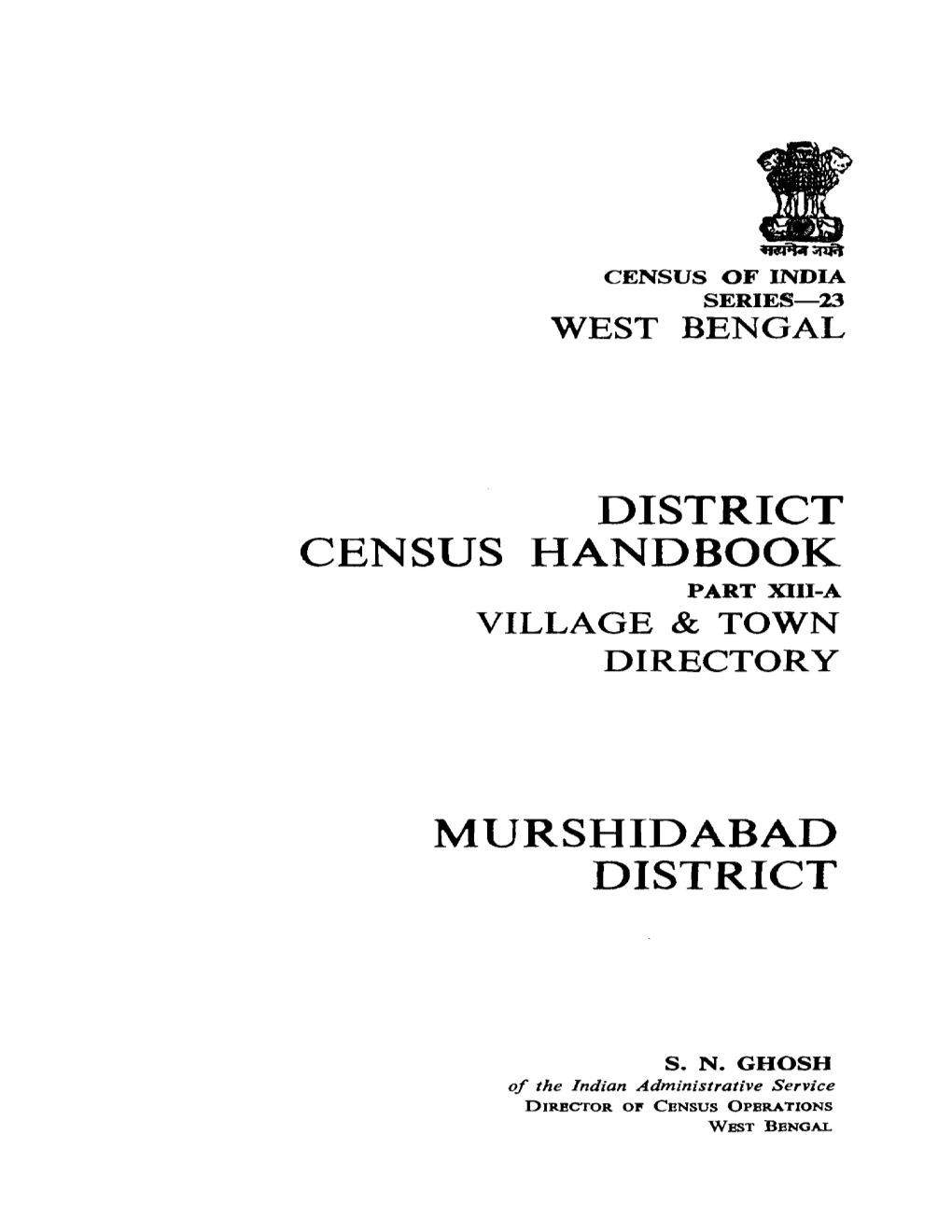 District Census Handbook, Part XIII-B, Murshidabad, Series-23, West Bengal