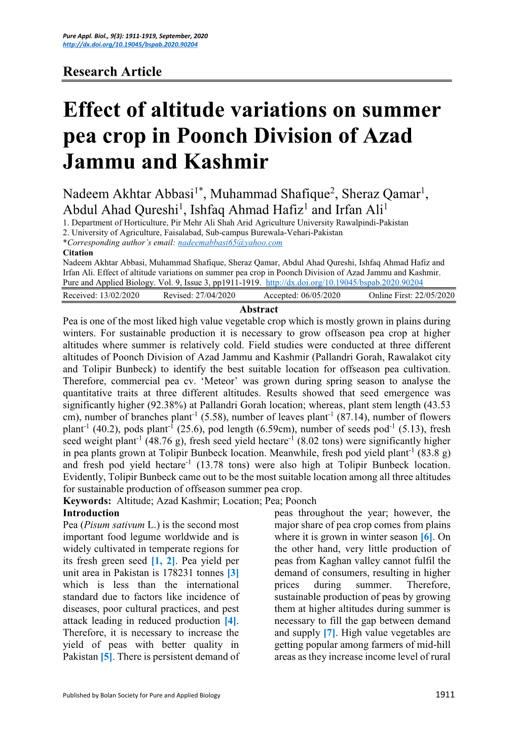 Effect of Altitude Variations on Summer Pea Crop in Poonch Division of Azad Jammu and Kashmir