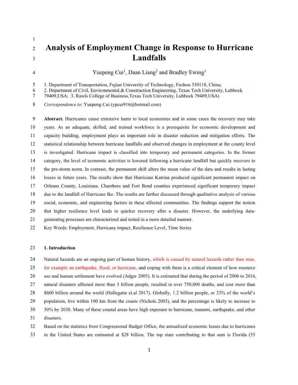 Analysis of Employment Change in Response to Hurricane Landfalls