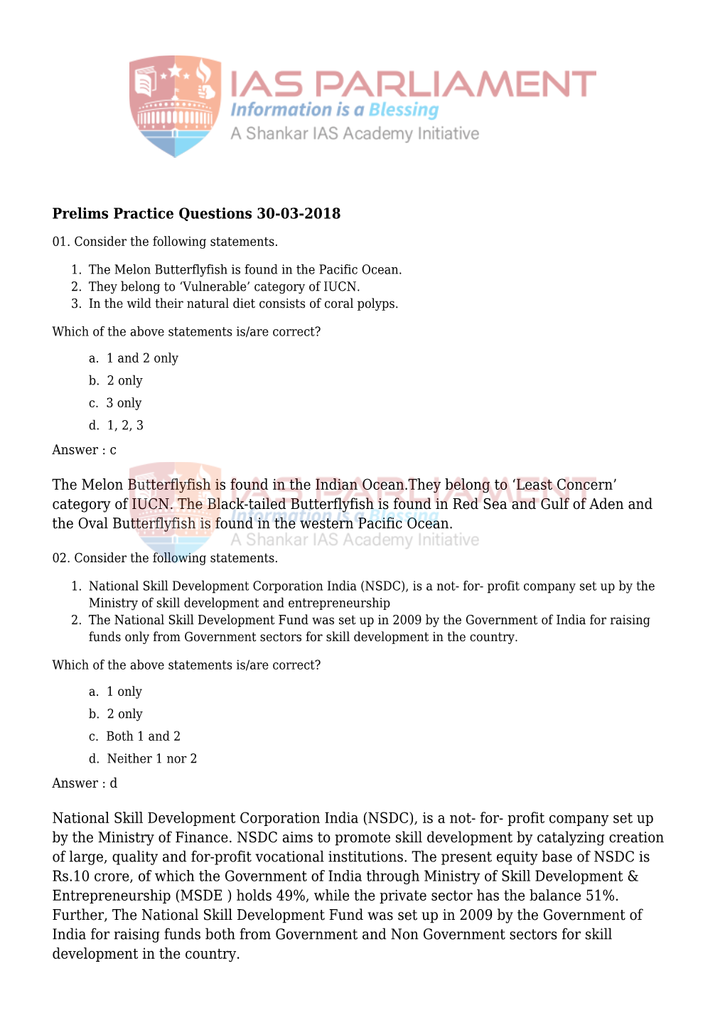 Prelims Practice Questions 30-03-2018 the Melon Butterflyfish