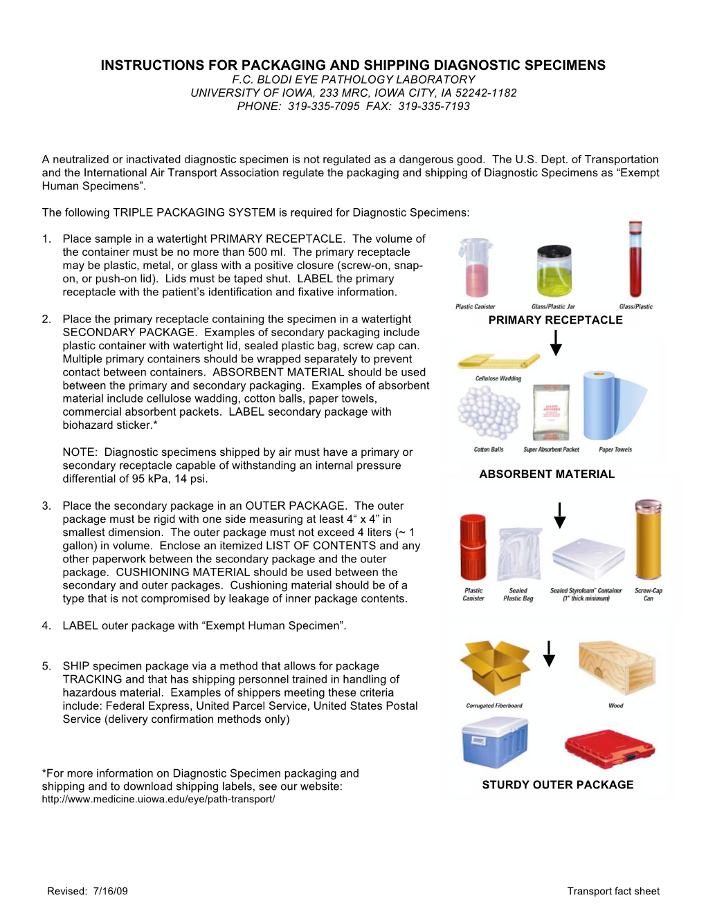 Instructions for Packaging and Shipping Diagnostic Specimens F.C