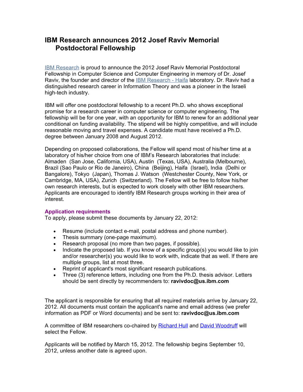 IBM Research Announces 2012 Josef Raviv Memorial Postdoctoral Fellowship