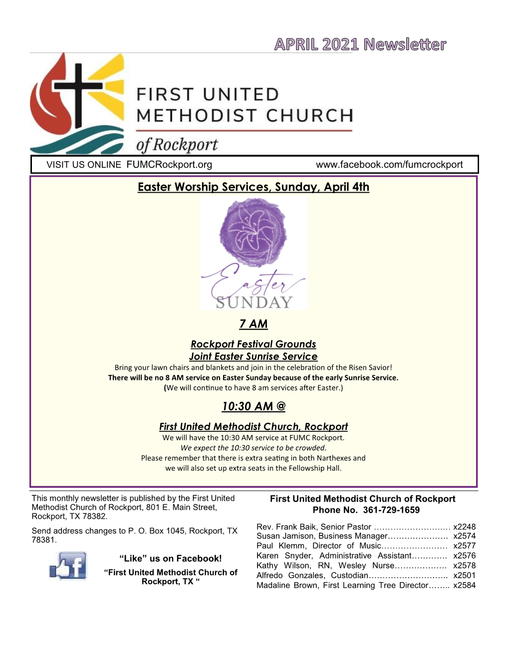 Easter Worship Services, Sunday, April 4Th 7 AM