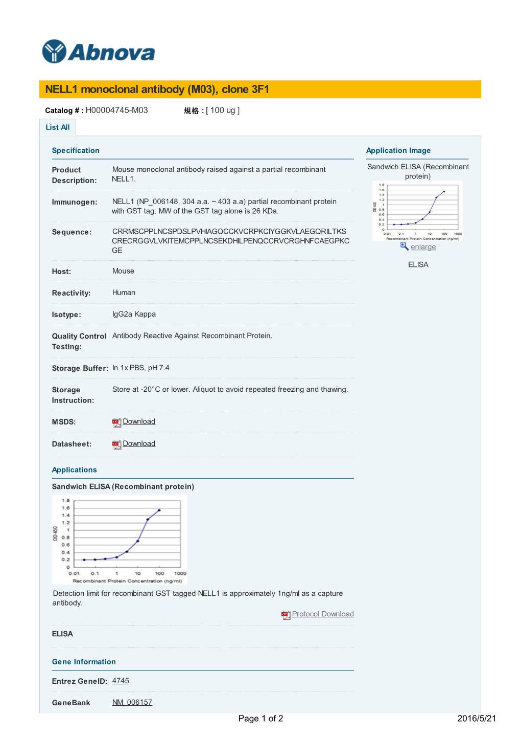 NELL1 Monoclonal Antibody (M03), Clone 3F1