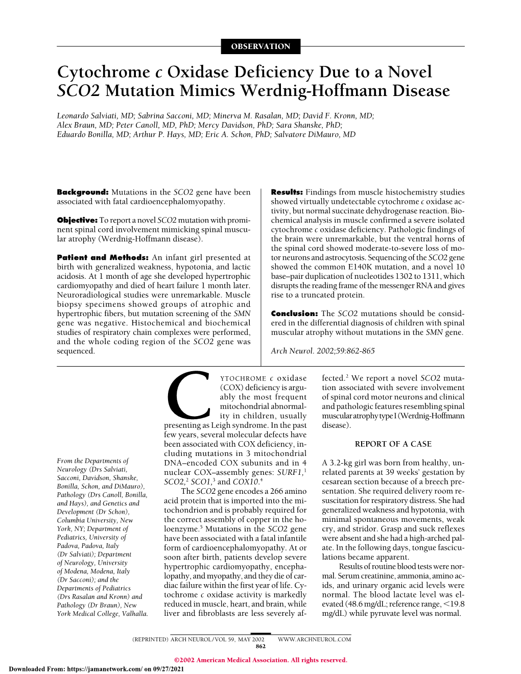 Cytochrome C Oxidase Deficiency Due to a Novel SCO2 Mutation Mimics Werdnig-Hoffmann Disease