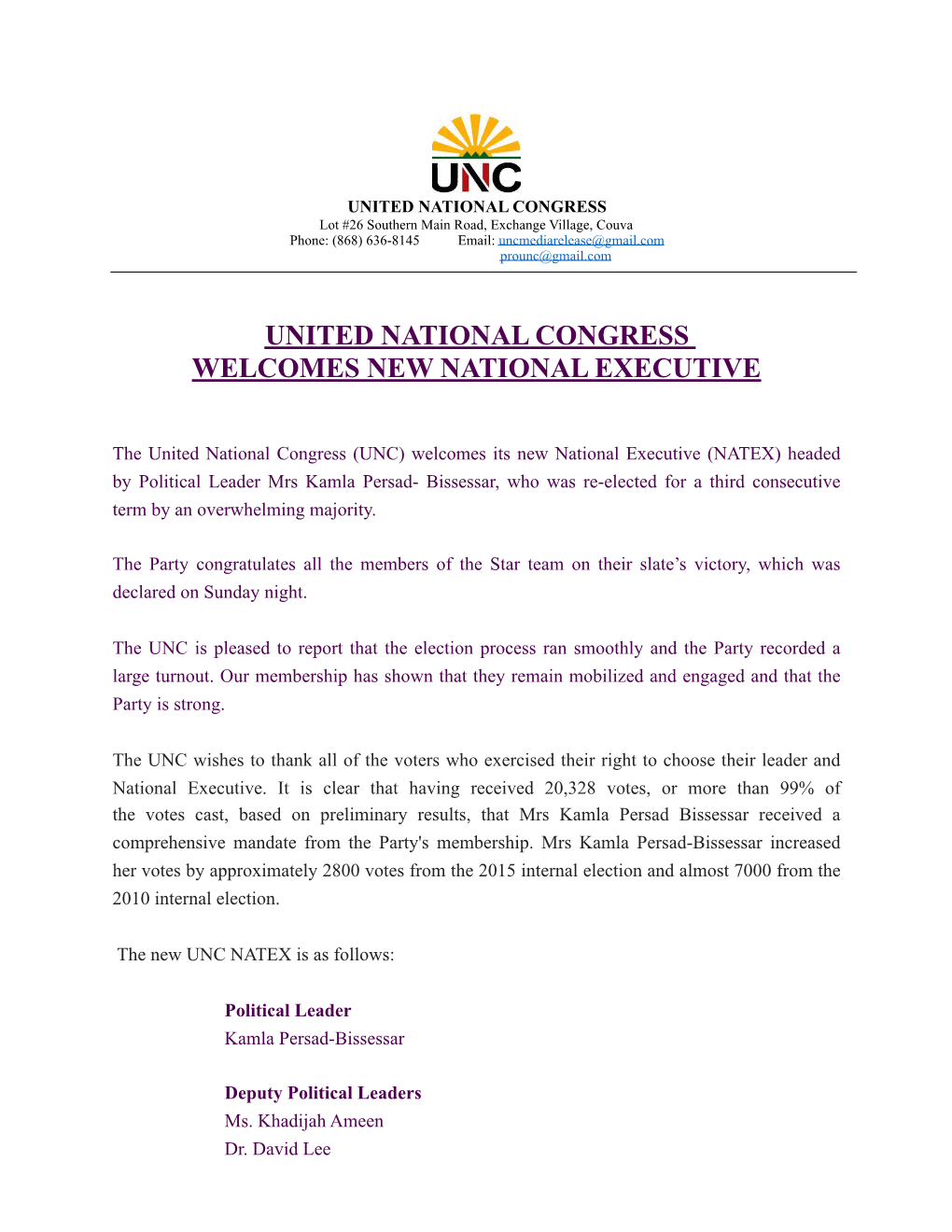 United National Congress Welcomes New National Executive