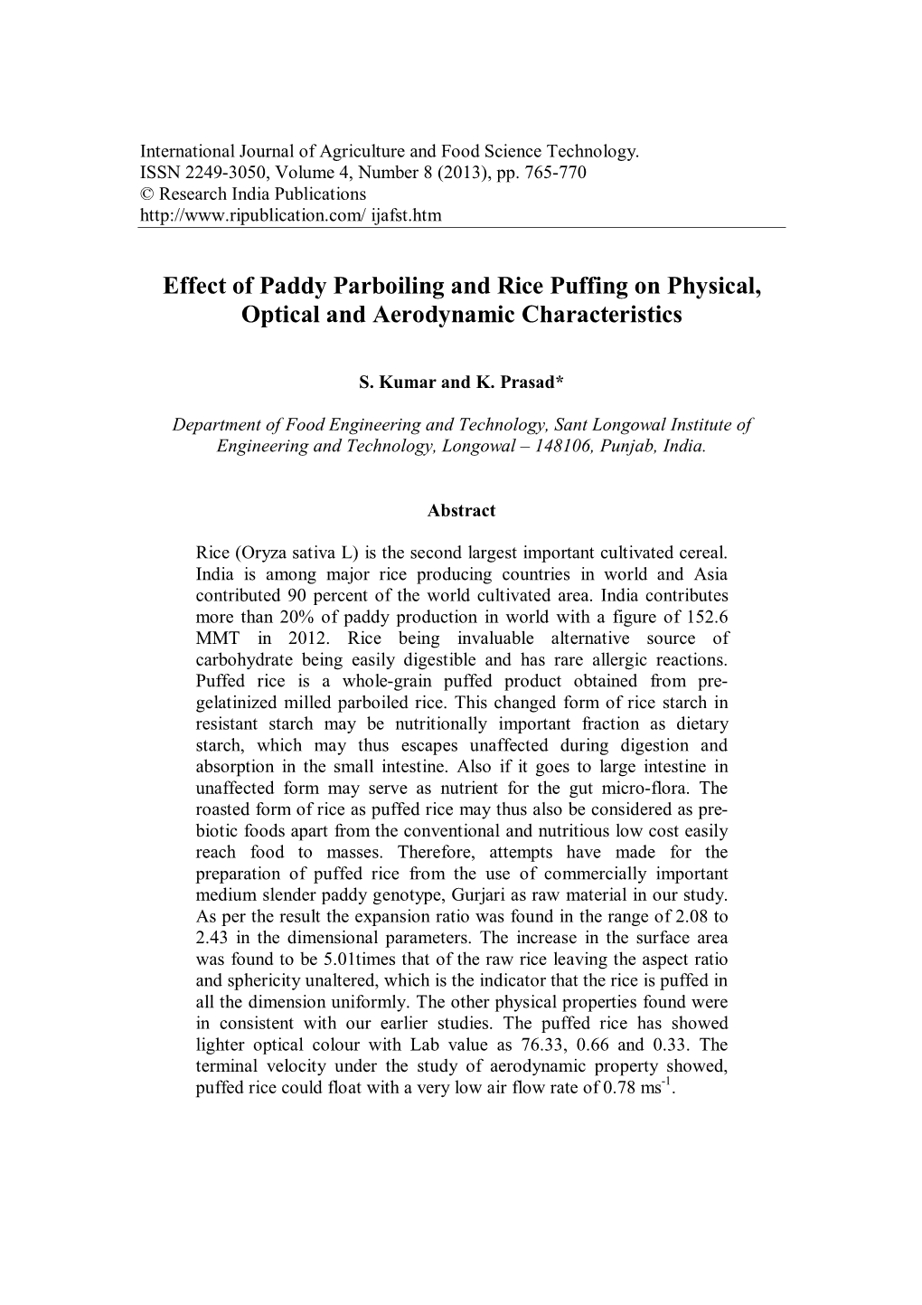 Effect of Paddy Parboiling and Rice Puffing on Physical, Optical and Aerodynamic Characteristics