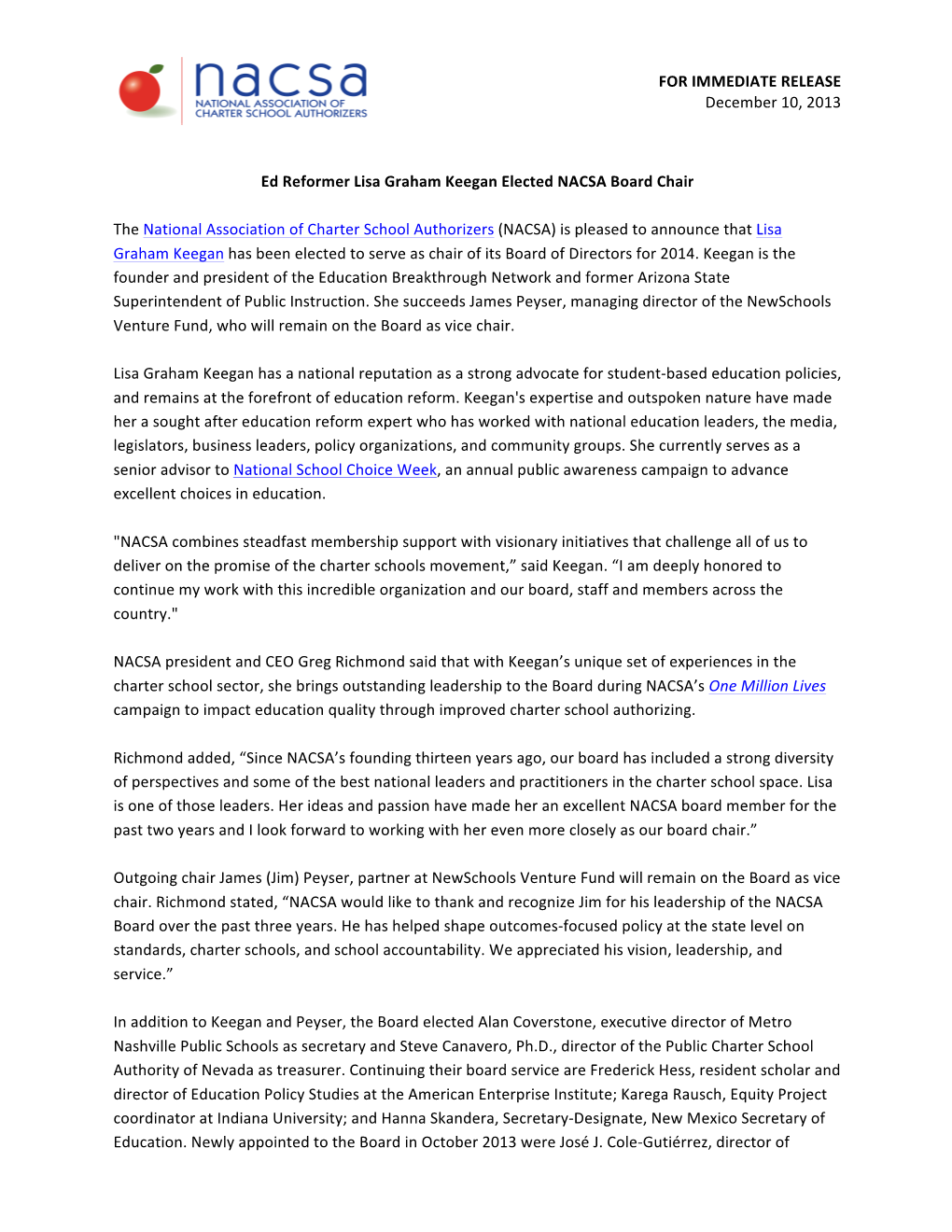 FOR IMMEDIATE RELEASE December 10, 2013 Ed Reformer