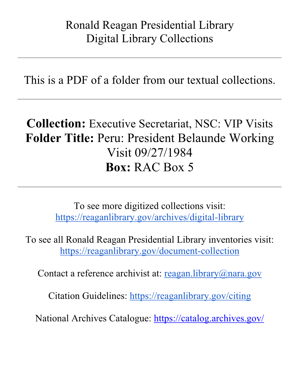 Folder Title: Peru: President Belaunde Working Visit 09/27/1984 Box: RAC Box 5