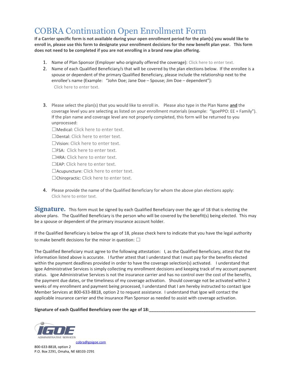 COBRA Continuation Open Enrollment Form