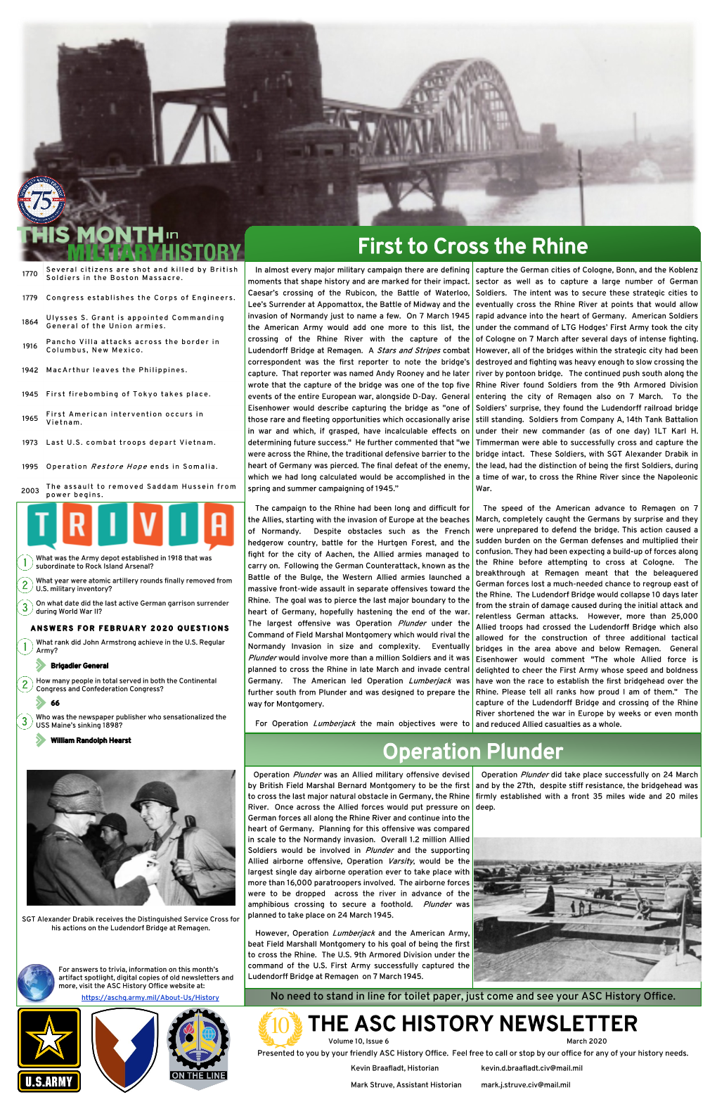 First to Cross the Rhine the ASC HISTORY NEWSLETTER Operation