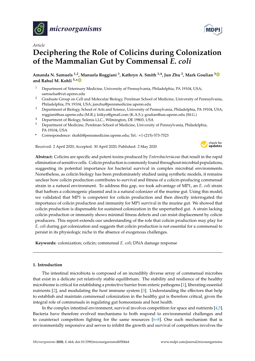 Deciphering the Role of Colicins During Colonization of the Mammalian Gut by Commensal E