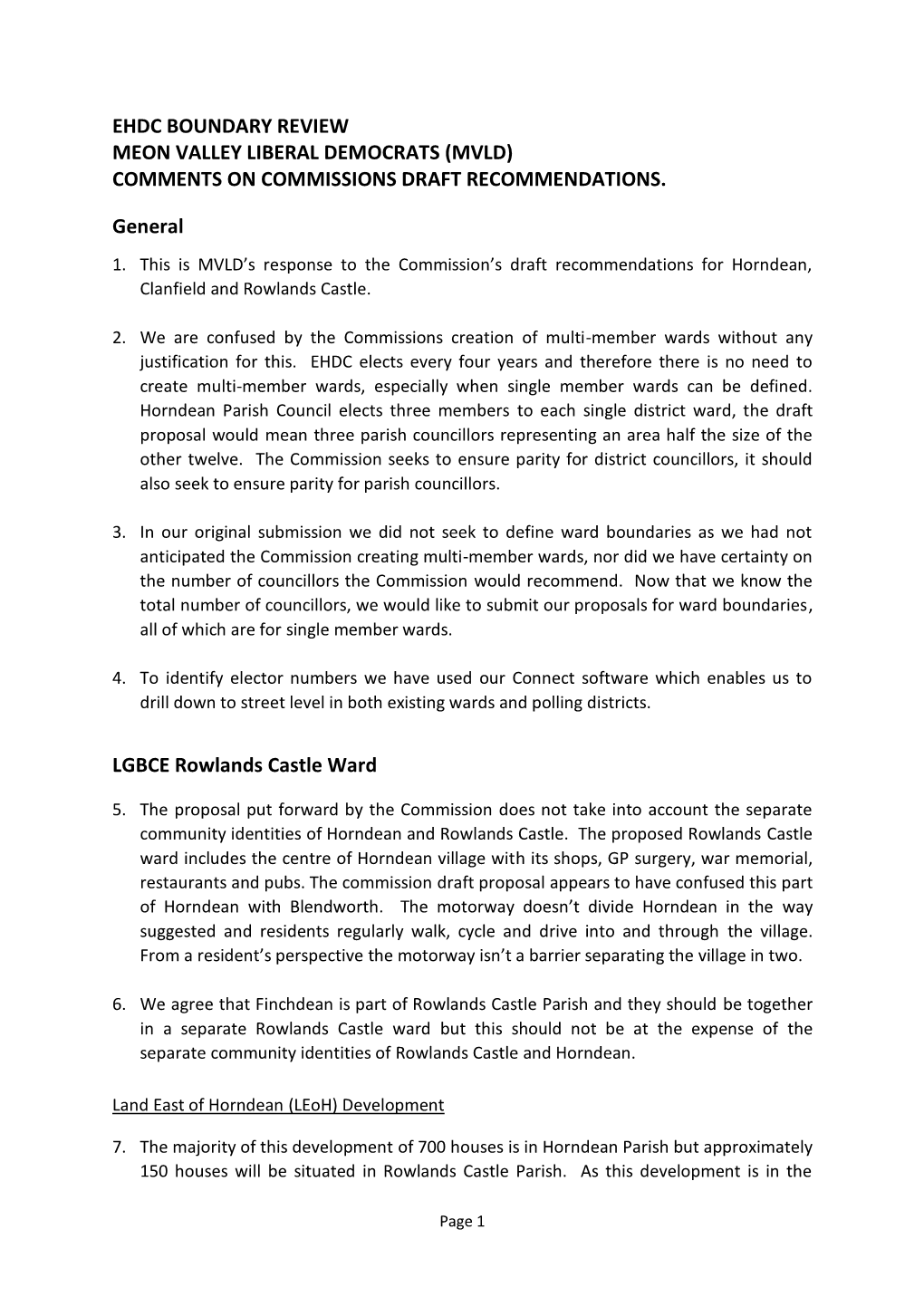 Ehdc Boundary Review Meon Valley Liberal Democrats (Mvld) Comments on Commissions Draft Recommendations