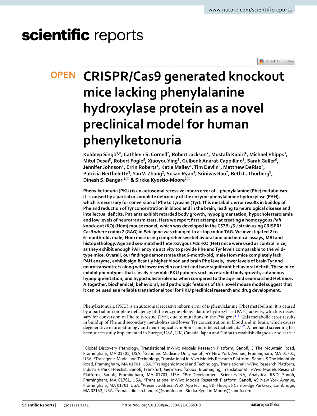 CRISPR/Cas9 Generated Knockout Mice Lacking Phenylalanine Hydroxylase Protein As a Novel Preclinical Model for Human Phenylketonuria Kuldeep Singh1,8, Cathleen S