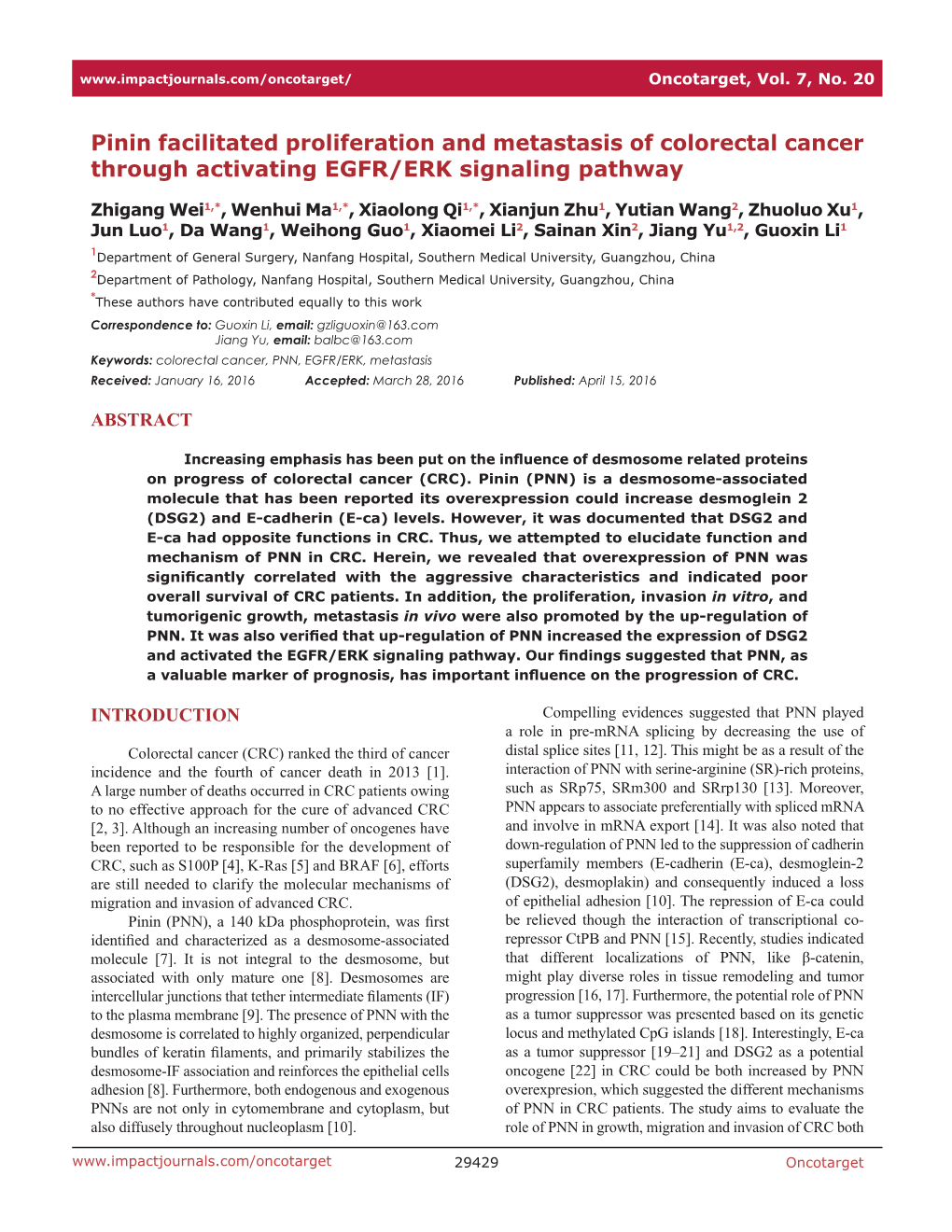 Pinin Facilitated Proliferation and Metastasis of Colorectal Cancer Through Activating EGFR/ERK Signaling Pathway