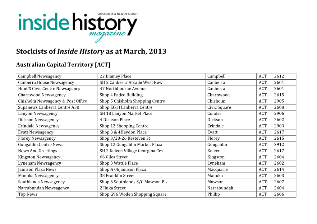 Stockists of Inside History As at March 2013