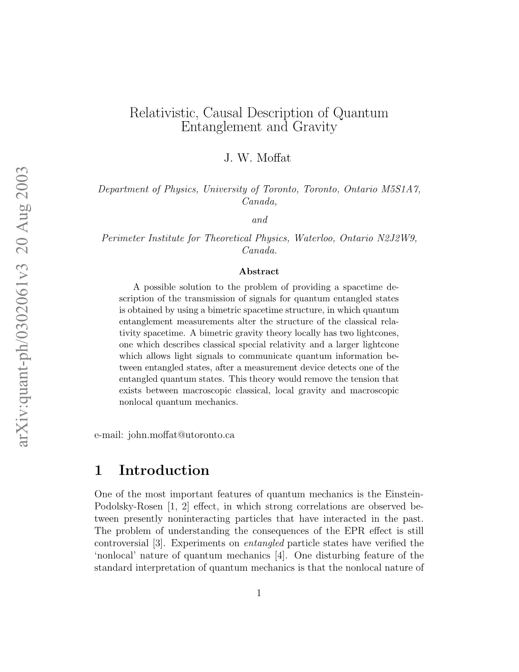 Relativistic, Causal Description of Quantum Entanglement and Gravity