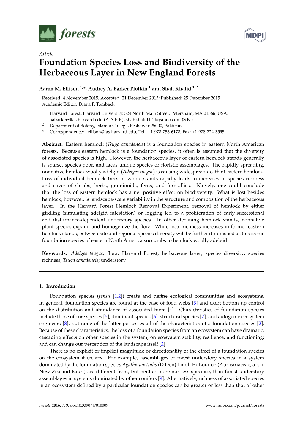 Foundation Species Loss and Biodiversity of the Herbaceous Layer in New England Forests