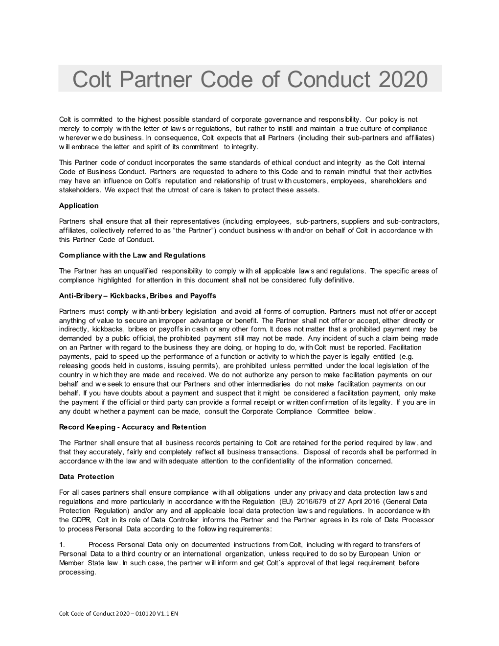 Colt Partner Code of Conduct 2020