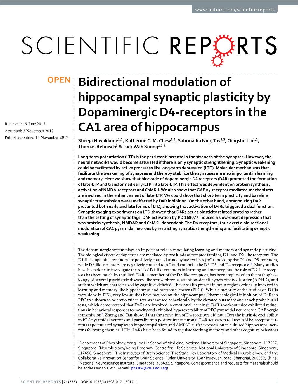 Bidirectional Modulation of Hippocampal Synaptic Plasticity by Dopaminergic D4-Receptors in the CA1 Area of Hippocampus