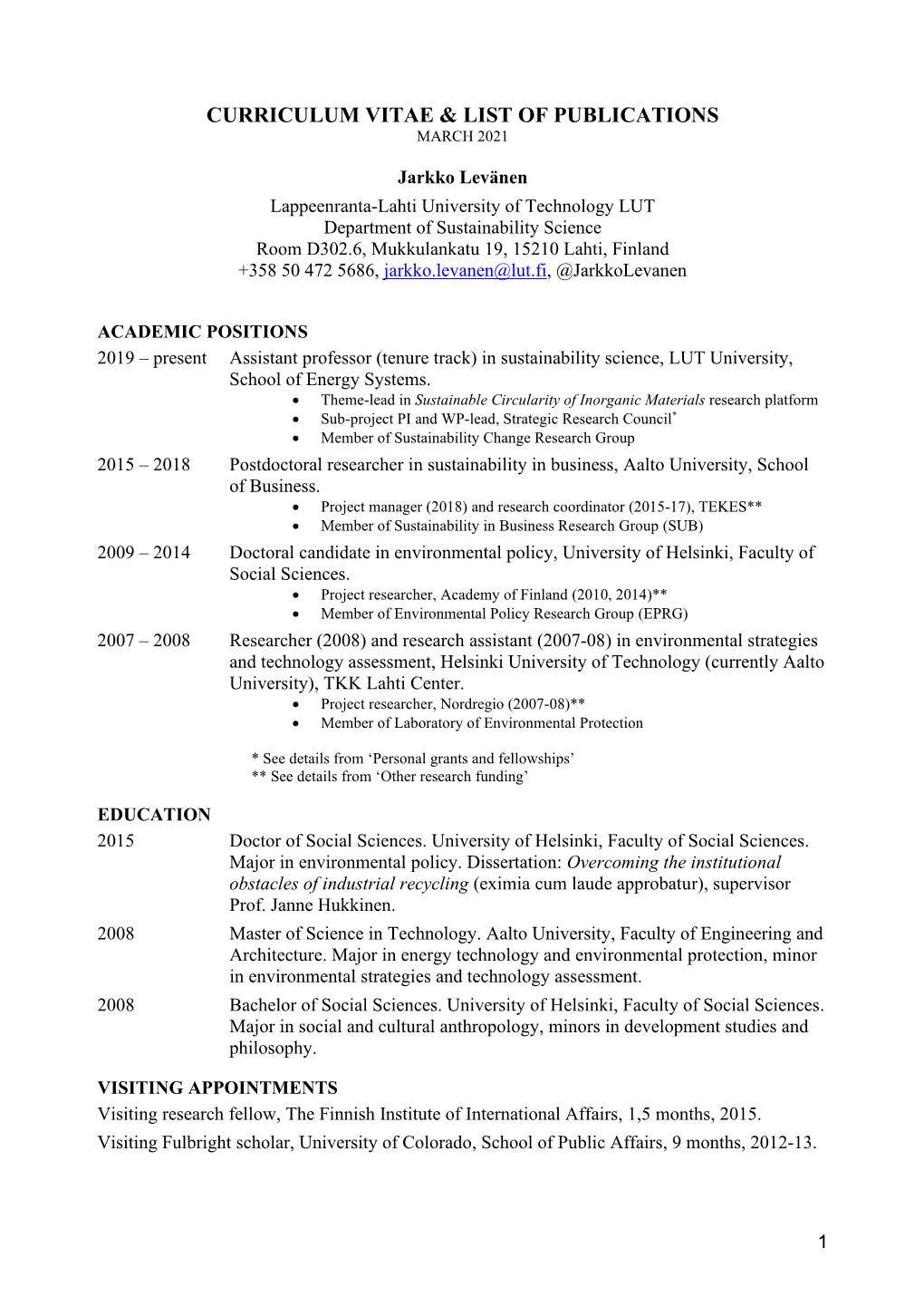 Curriculum Vitae & List of Publications March 2021