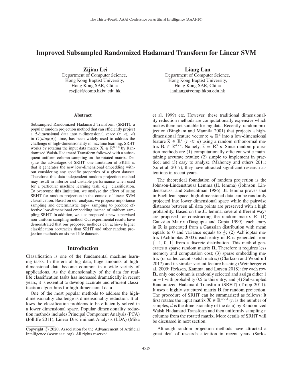 Improved Subsampled Randomized Hadamard Transform for Linear SVM