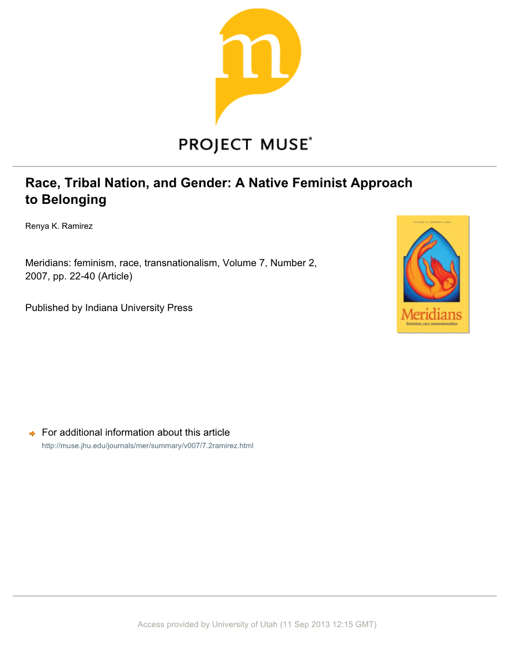 Race, Tribal Nation, and Gender: a Native Feminist Approach to Belonging